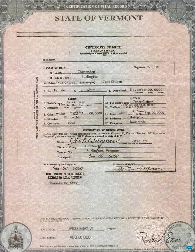 Download USA Vermont state birth certificate template in PSD format Photoshop template